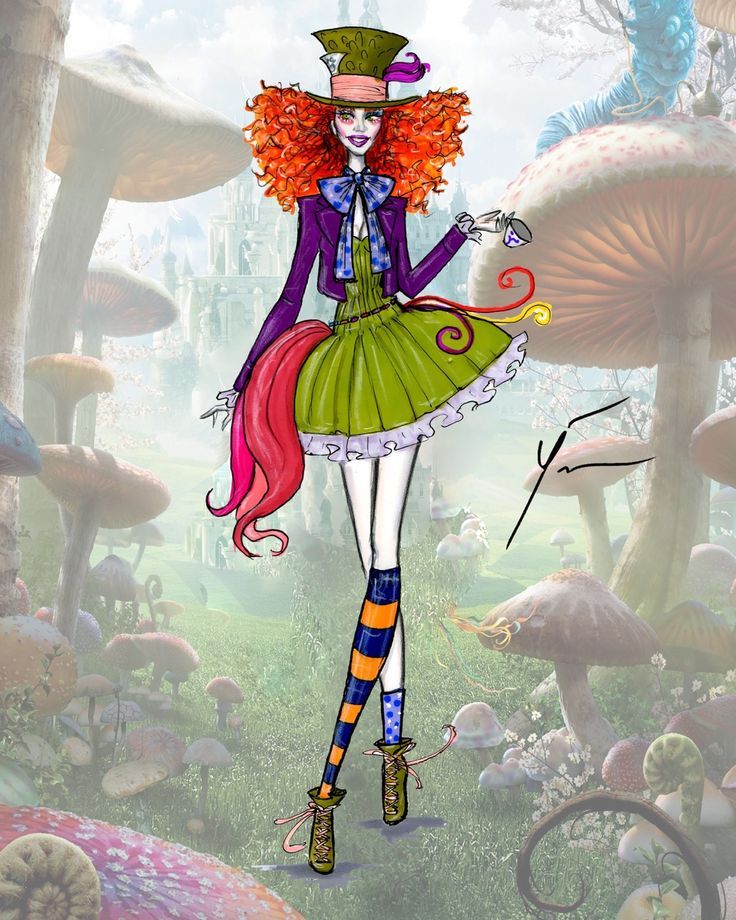 a drawing of a girl with red hair wearing a green dress and top hat, standing in front of mushrooms