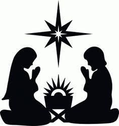 the nativity scene is depicted in black and white, with two people kneeling down