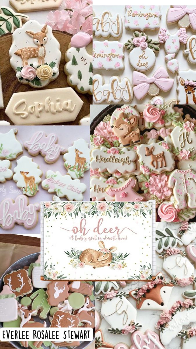 a collage of cookies with different designs and words on them, all decorated in pastel colors