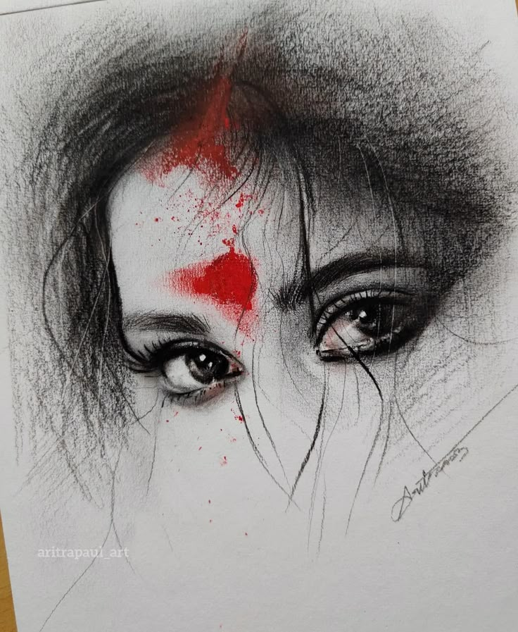 a drawing of a woman's face with red eyeliners and blood on her cheek