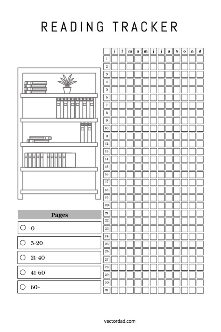 the reading tracker is shown in black and white, with an image of bookshelves