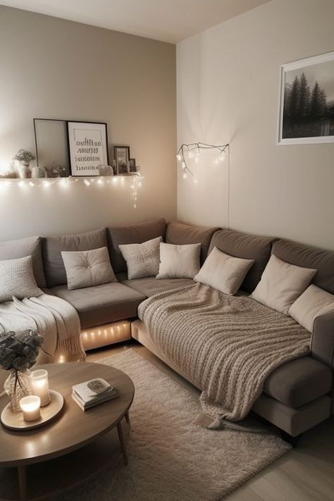 a living room filled with lots of furniture next to a wall mounted clock and lights