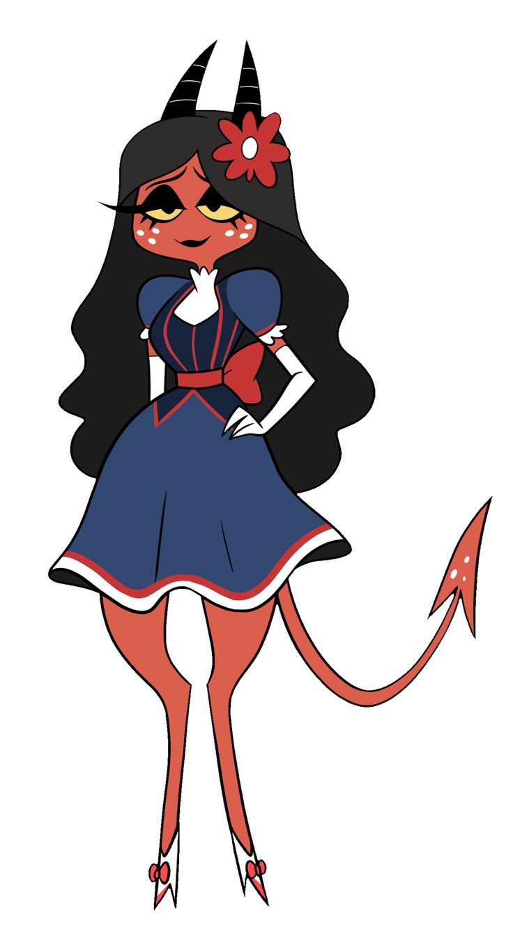 a cartoon character with long black hair wearing a blue dress and devil horns on her head