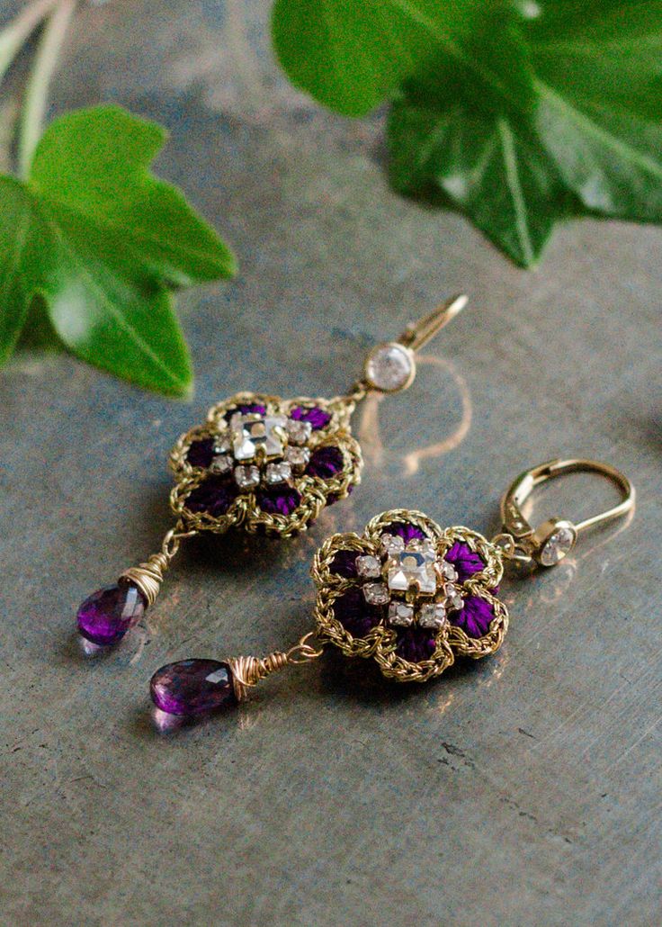 Small Flower Drop Earrings | Gold, Purple, Amethyst Handmade Elegant Flower Crystal Earrings, Elegant Handmade Flower Crystal Earrings, Purple Handmade Flower Jewelry For Wedding, Handmade Purple Flower Jewelry For Wedding, Handmade Purple Floral Jewelry For Weddings, Purple Handmade Flowers Jewelry For Wedding, Knitted Jewelry, Bridal Jewellry, Lace Motifs