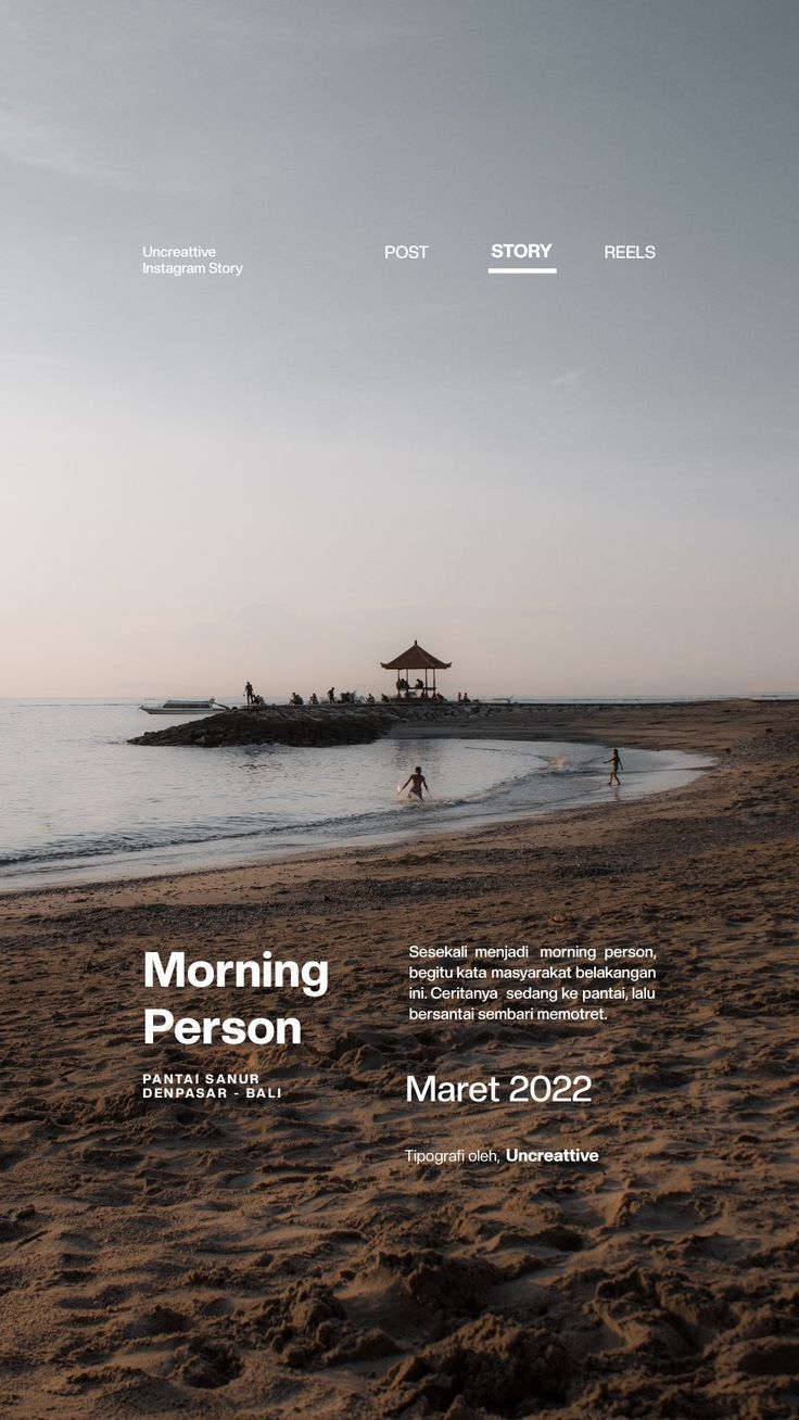 the front cover of a magazine with people walking on the beach in the background and an island in the distance