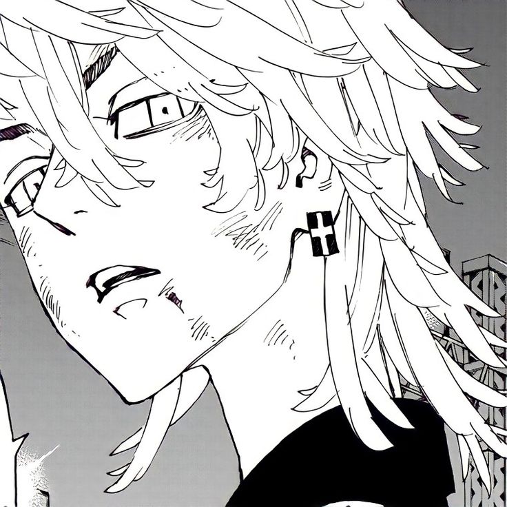 an anime character with long hair and piercings on his ears is looking at the camera