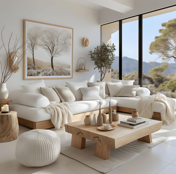 a living room with white furniture and large windows overlooking the mountain range in the distance