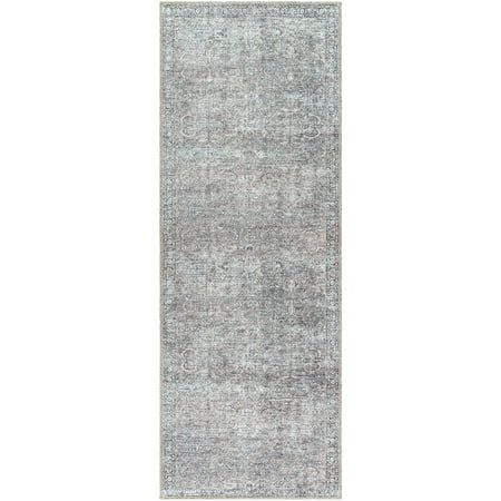 a gray rug with an overdyled design on the bottom, and a white background