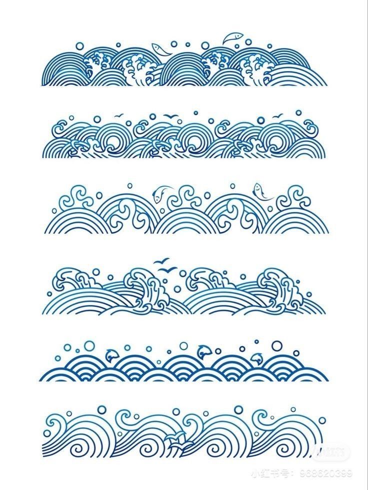 the waves are drawn in blue ink on white paper, and it looks like they could be