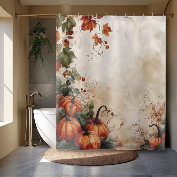 a shower curtain with pumpkins and leaves on it in front of a bathtub