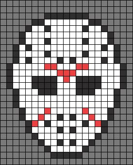 a cross stitch skull with red eyes on it's face, in black and white