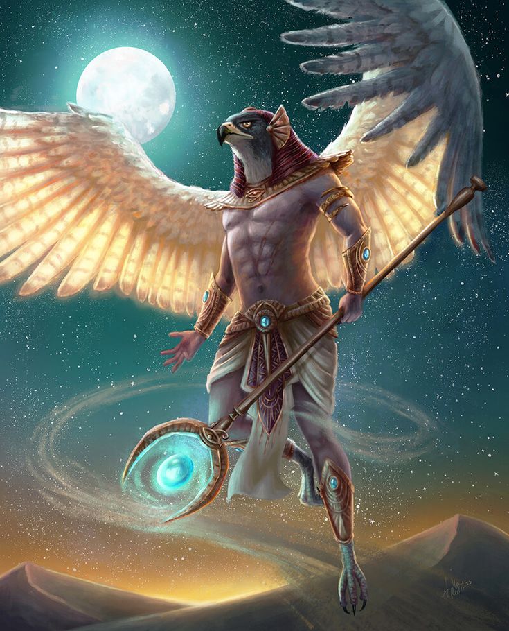 an image of a man with wings holding a staff and spear in front of a full moon