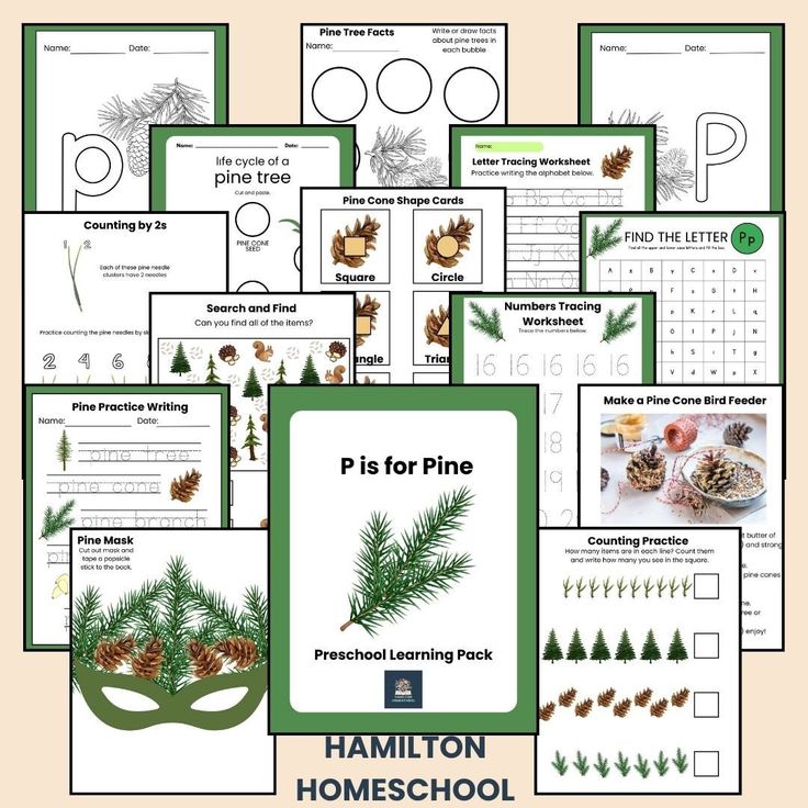 christmas themed homeschool printables and activities for preschoolers to help them learn the letter p is for pine