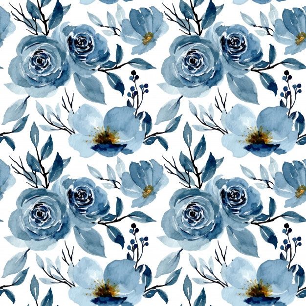 watercolor blue flowers and leaves on a white background seamless wallpaper pattern stock photo