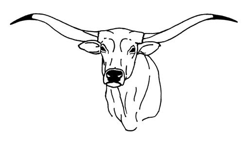 an animal's head with long horns is shown in this black and white drawing