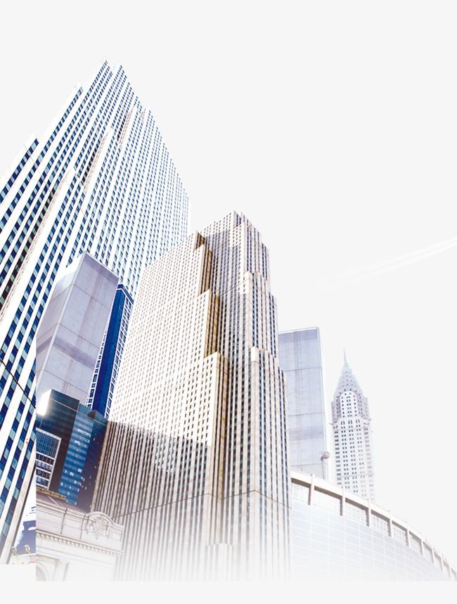 an image of skyscrapers in the city with blue and white buildings behind them on a sunny day