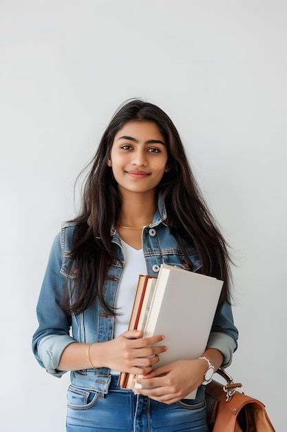 a young woman is holding two books in her hands and smiling at the camera while standing against a white wall