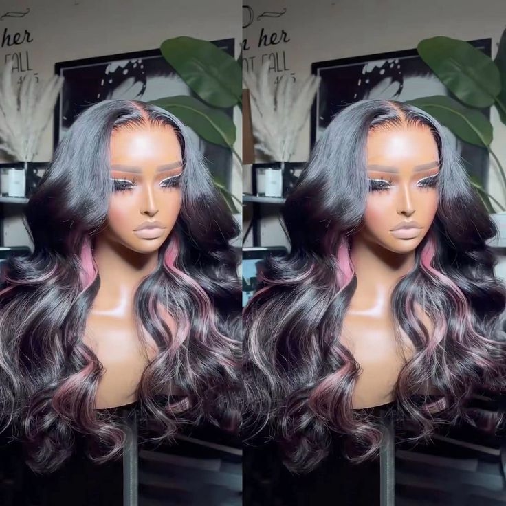 UStyleHair Black Body Wave Wig with Pink Highlights Heat Resistant Synthetic Lace Front Wig Daily Wig With Pink Highlights, Black Body Wave Wig, Pink Highlights, Wave Wig, Body Wave Wig, Synthetic Lace Front Wigs, Black Body, Lace Front Wig, Body Wave