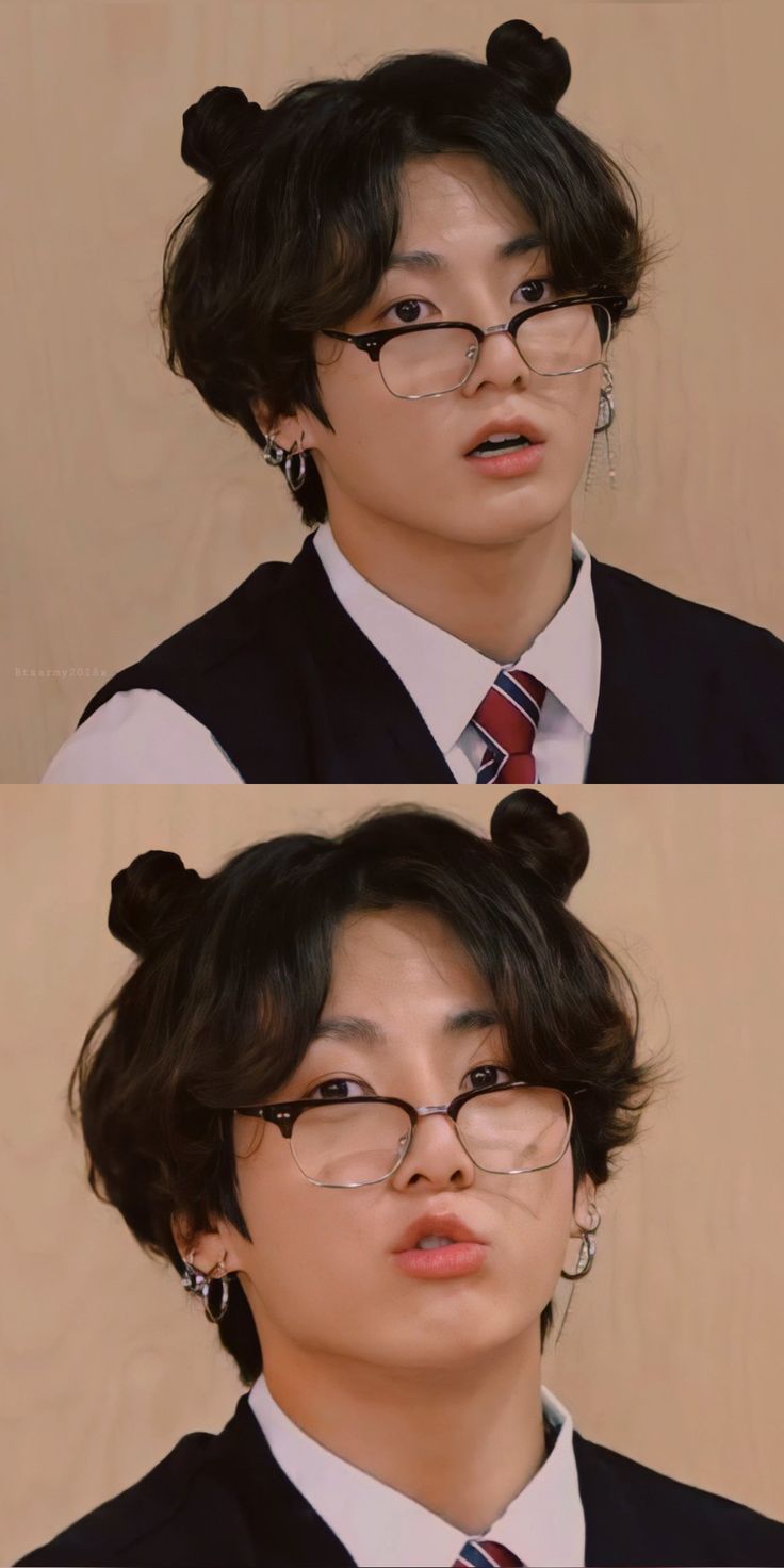 two pictures of a person wearing glasses and a tie with buns in their hair