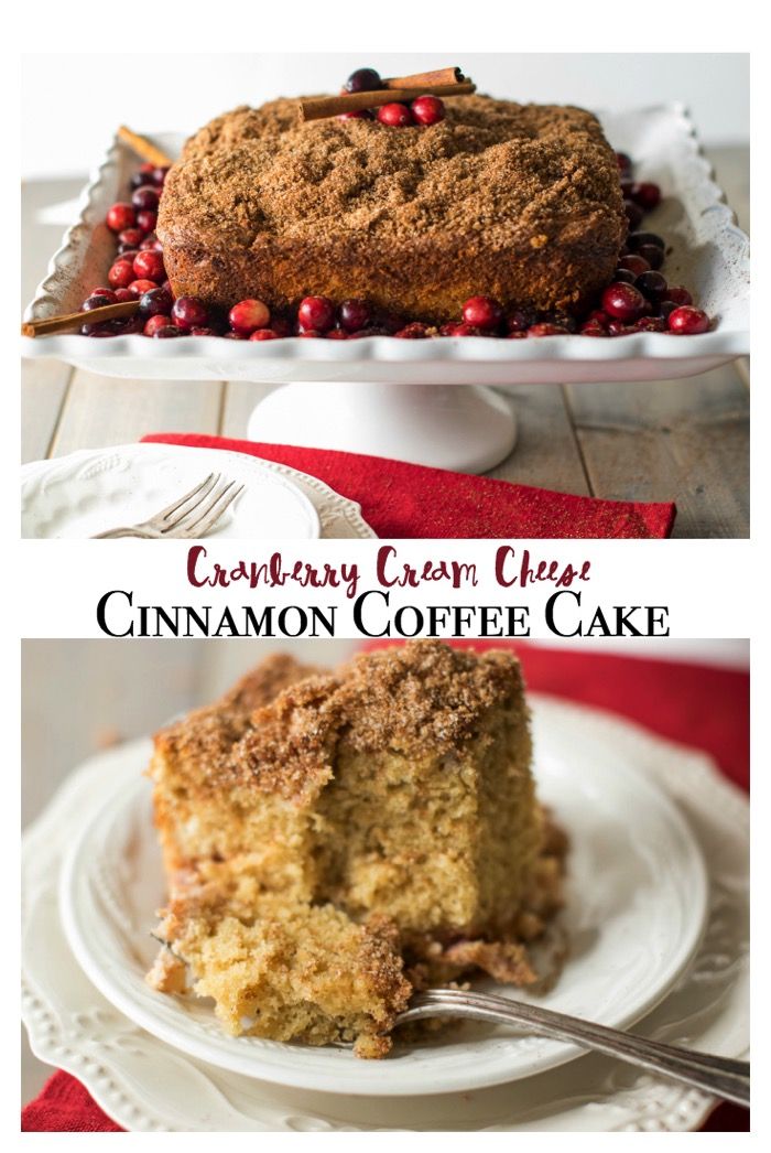 two pictures of cinnamon coffee cake with cranberries on top