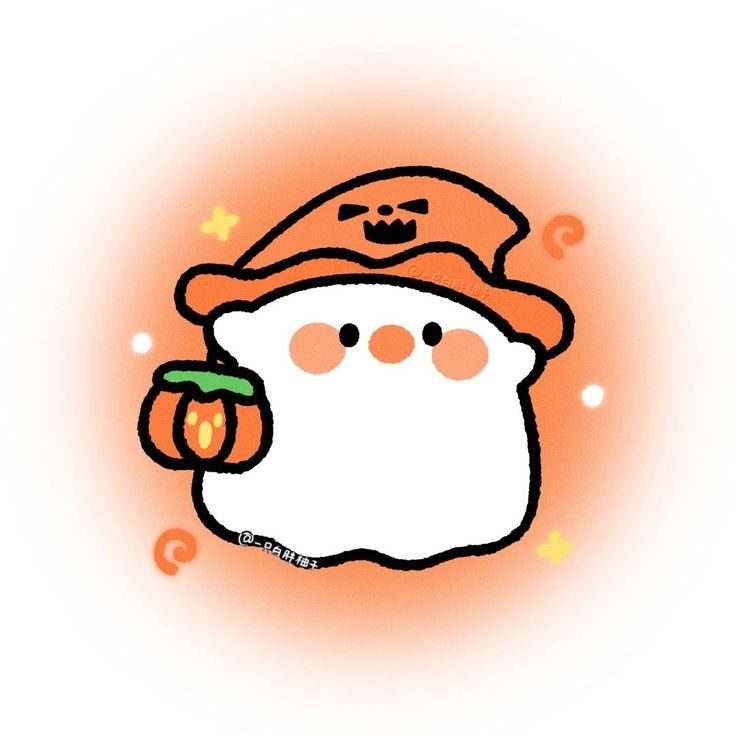 an orange and white drawing of a ghost with a hat on it's head