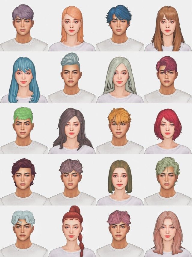 many different colored hair styles for males and female avatars, all in various colors