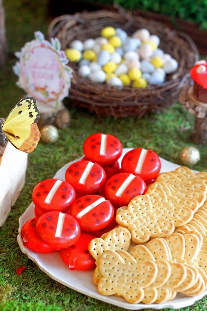 a plate full of cookies and crackers with a butterfly sitting on top of it