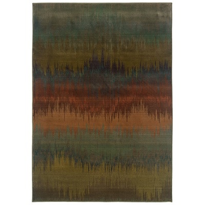 a multicolored area rug with fringes and stripes on the bottom, in various colors