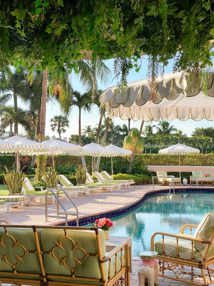 an outdoor pool with lounge chairs and umbrellas next to the swimming pool in front of palm trees