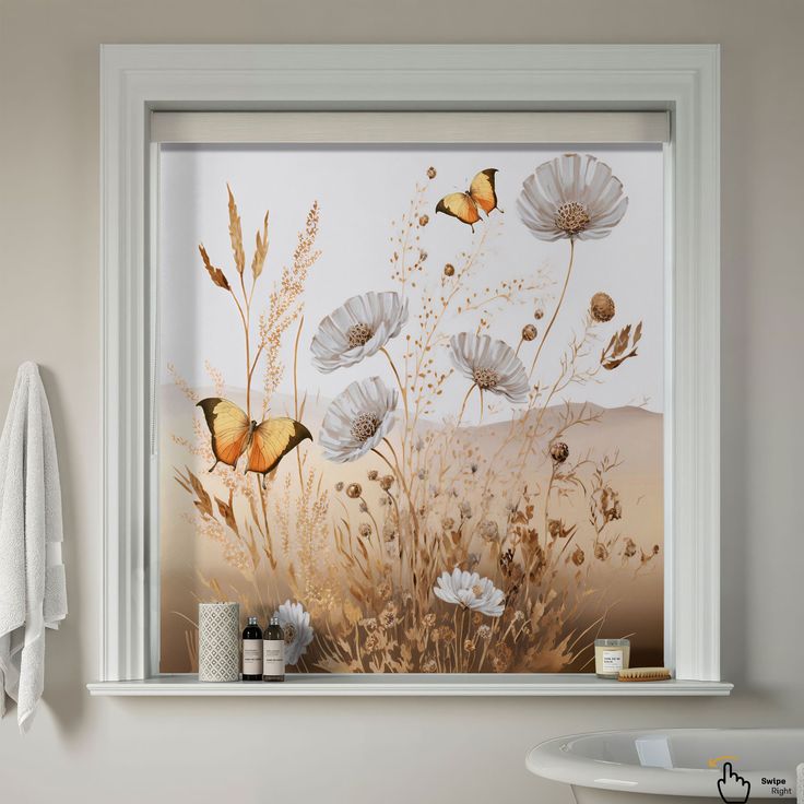 a bathroom window with flowers and butterflies painted on it