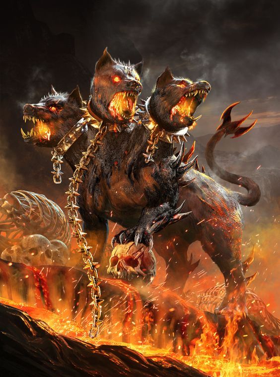 an animal with chains on it's back riding a horse in front of flames