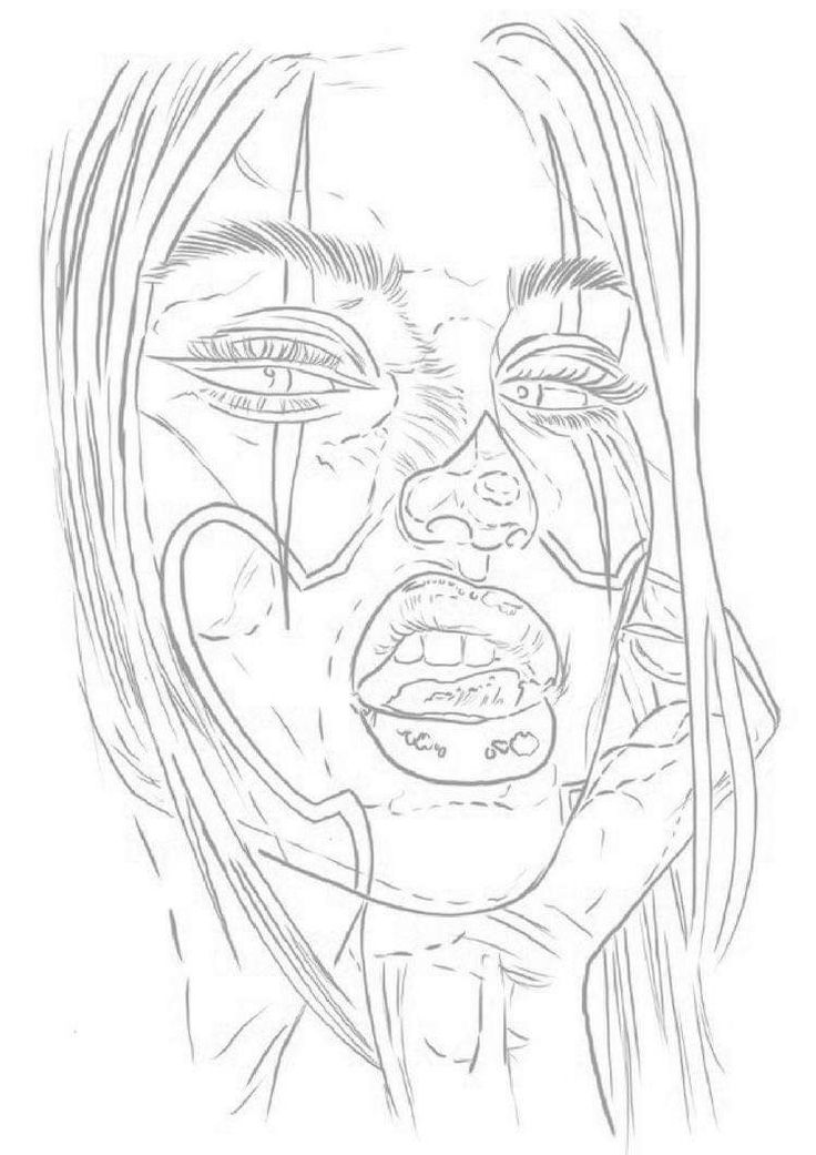 a drawing of a woman's face with her mouth open