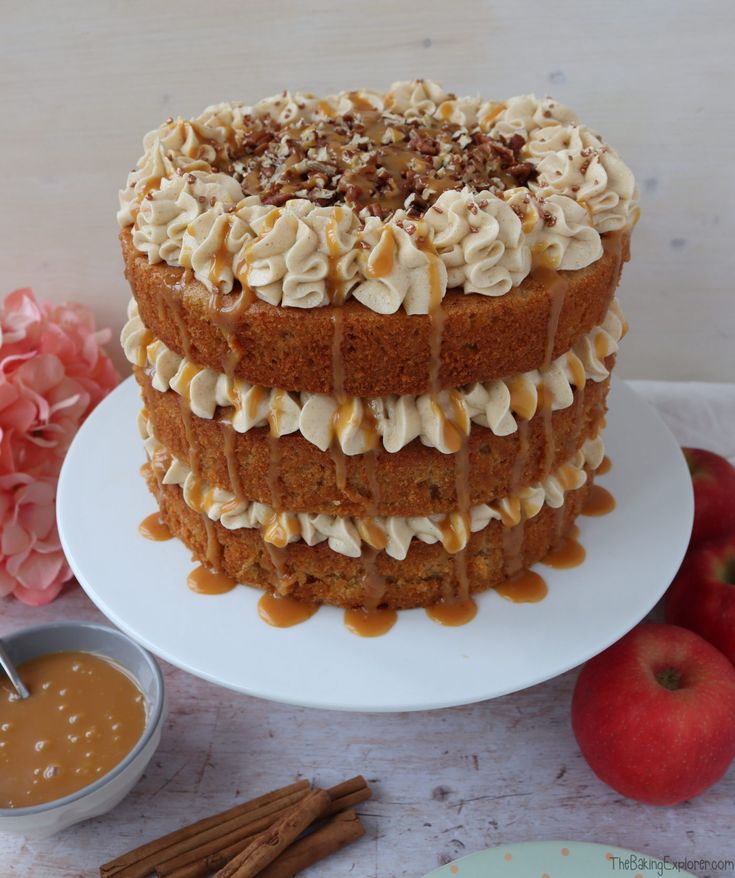 a three layer cake with apples and cinnamon on the side