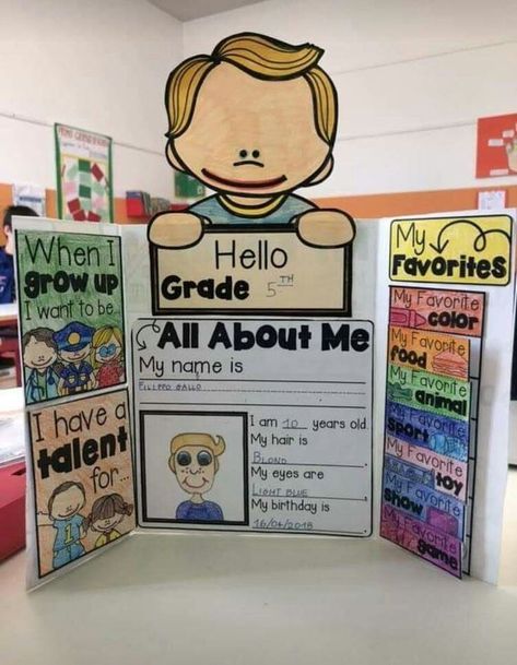 an open book with the words hello, grade and all about me written on it