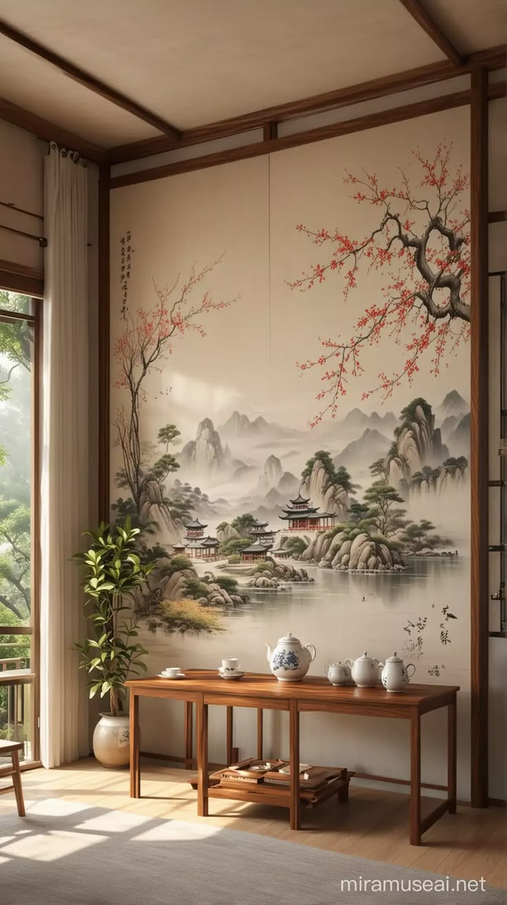 a room with a large painting on the wall and two tables in front of it