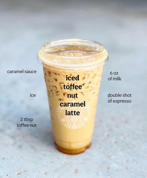 an iced toffee with caramel latte and other ingredients labeled in english