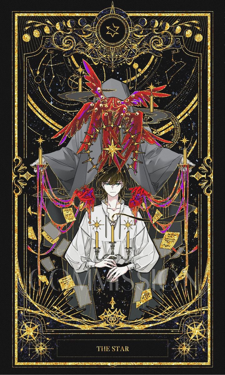 an anime character sitting in front of a black background with gold and red decorations on it