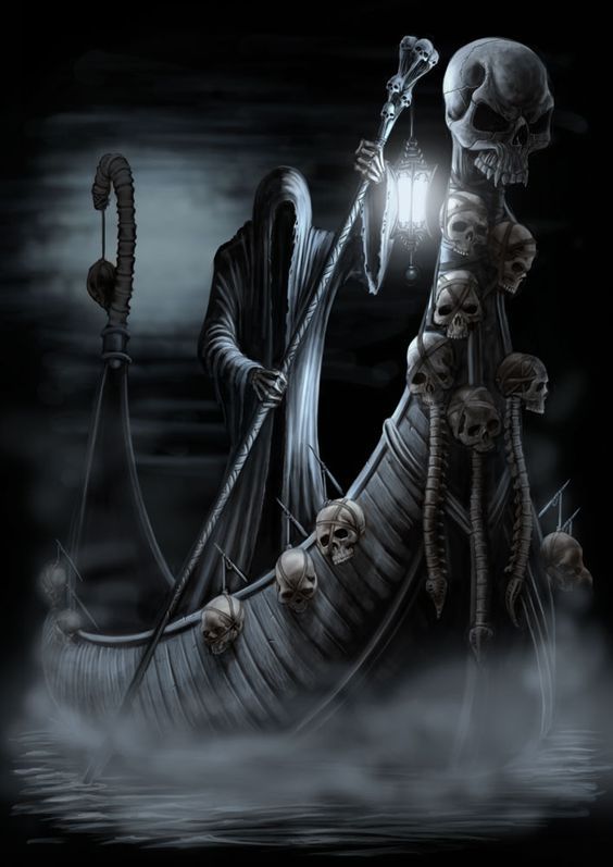 a skeleton sitting on top of a boat in the water with a light above it