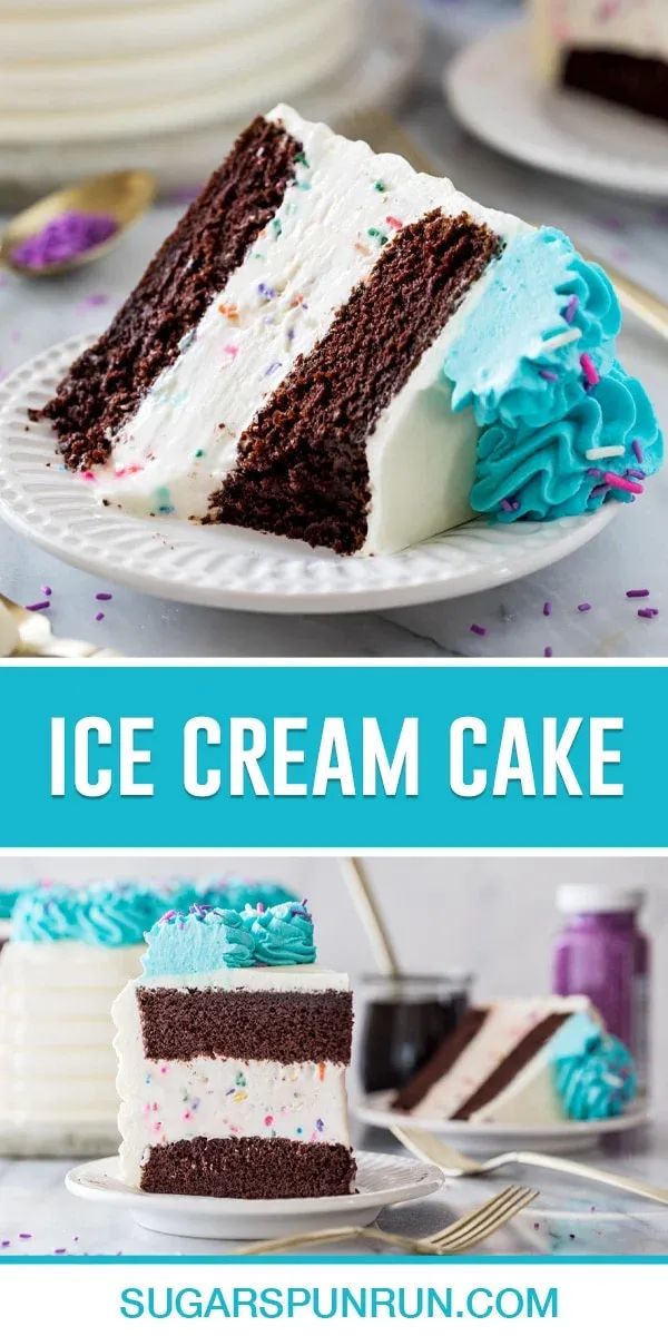 there is a slice of ice cream cake on the plate and it has blue icing