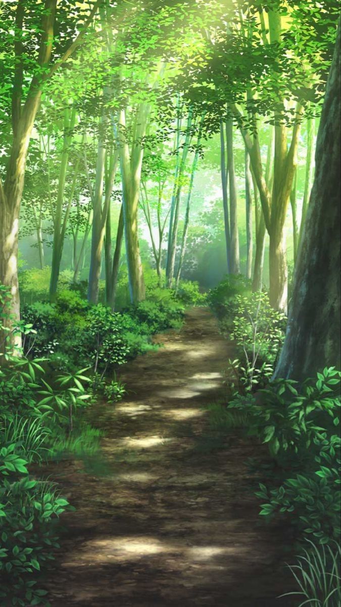 a painting of a path in the middle of a forest with lots of trees and bushes