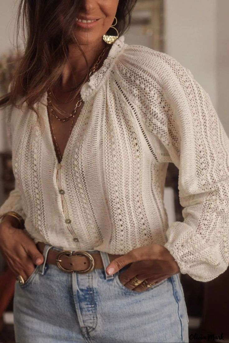 Olivia Mark - V-Neck Button Up Shirt - Plus Size, Lace Hollow Out Design Lace Blouse Long Sleeve, Laced Up Shirt, Pull Oversize, Lace Button, Purple Lace, Looks Chic, Winter Mode, Complete Outfits, Lace Shirt