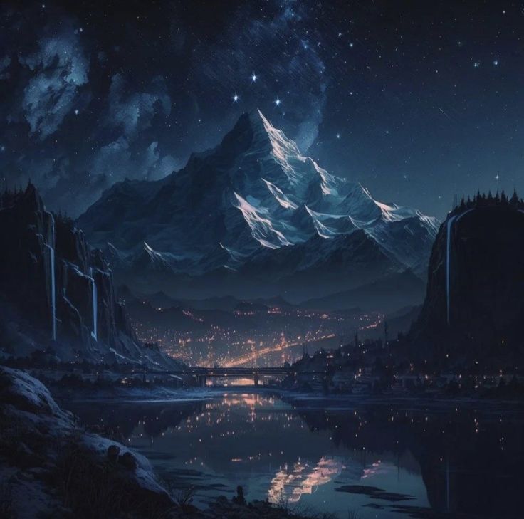 the night sky is lit up with stars and lights in the mountains, as well as water