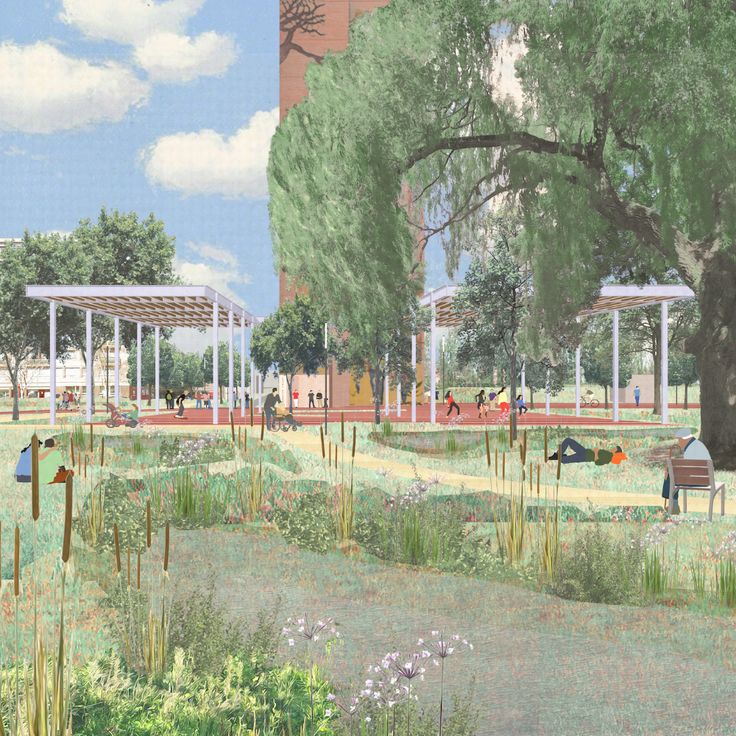 an artist's rendering of a park with benches, trees and people in it