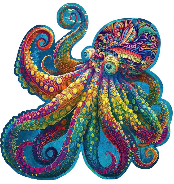 an octopus is painted in bright colors