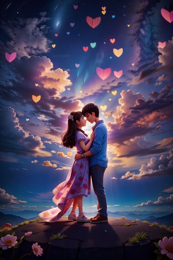 a man and woman kissing in front of a sky full of hearts