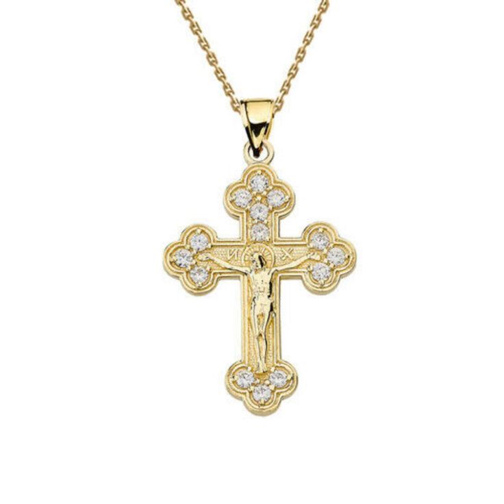 14k Solid Gold Diamond Eastern Orthodox Cross Crucifix Pendant Necklace Item No.: H172 Metal Type: 14k Solid Gold (Available In 10k Gold) Metal Color: Yellow Gold Or White Gold Or Rose Gold Pendant Only Weight: 1.0 Grams Pendant W/Chain Weight: 2.0 - 2.3 Grams (Vary From Chain) Stones: 14 Diamonds Diamond Clarity: I1 Total Carat Weight: 0.15 Ct (Approximate) Pendant Height: 1.07 In ( 27.29 Mm ) Pendant Width: 0.66 In ( 16.79 M ) Chain Available In 16", 18", 20", 22" Brand New Made To Order. Plea Shine Jewelry, Orthodox Cross, Crucifix Necklace, Eastern Orthodox, Rose Gold Pendant, Special Jewelry, Yellow Gold Pendants, Diamond Stone, Gold Material