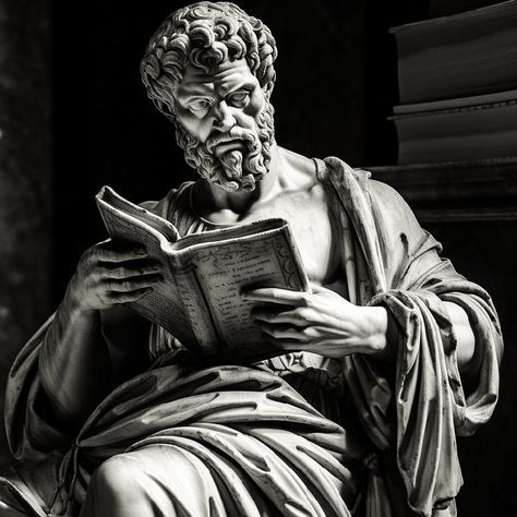 a statue of a man reading a book