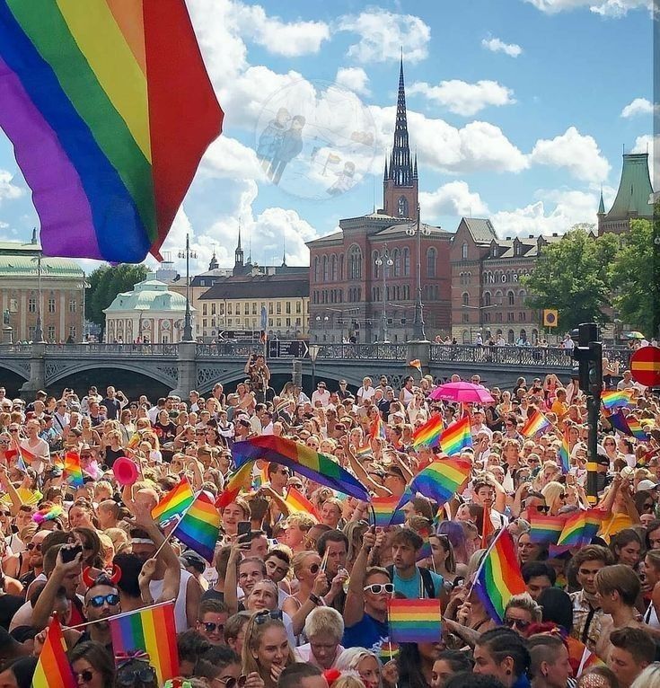 a large group of people holding rainbow flags