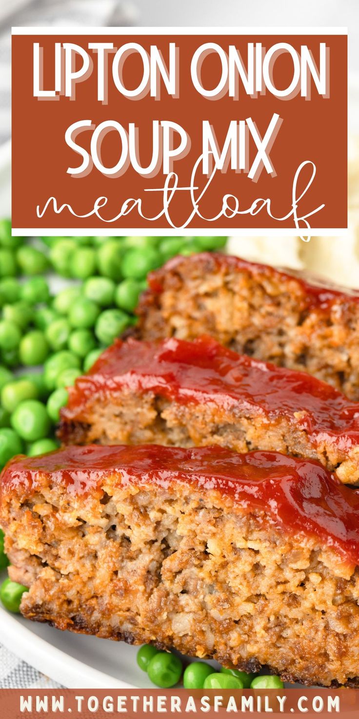 two slices of meatloaf with ketchup on top and green peas in the background