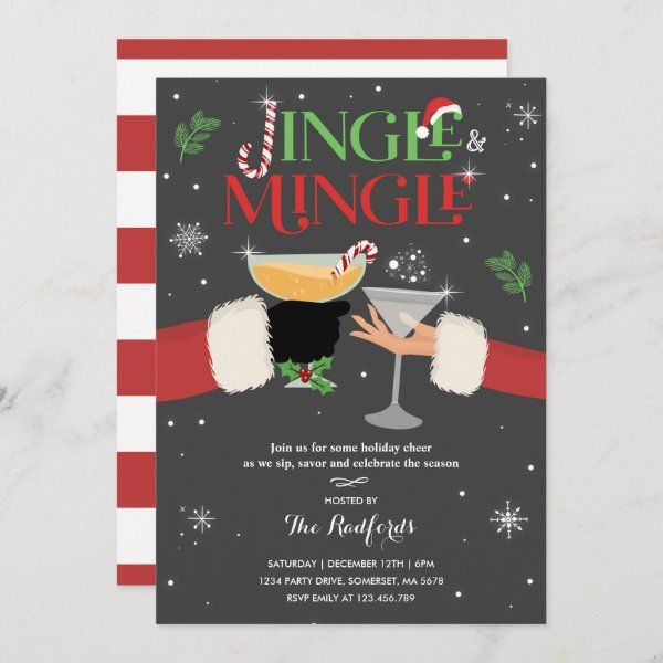 a christmas party card with an image of a woman holding a martini in her hand